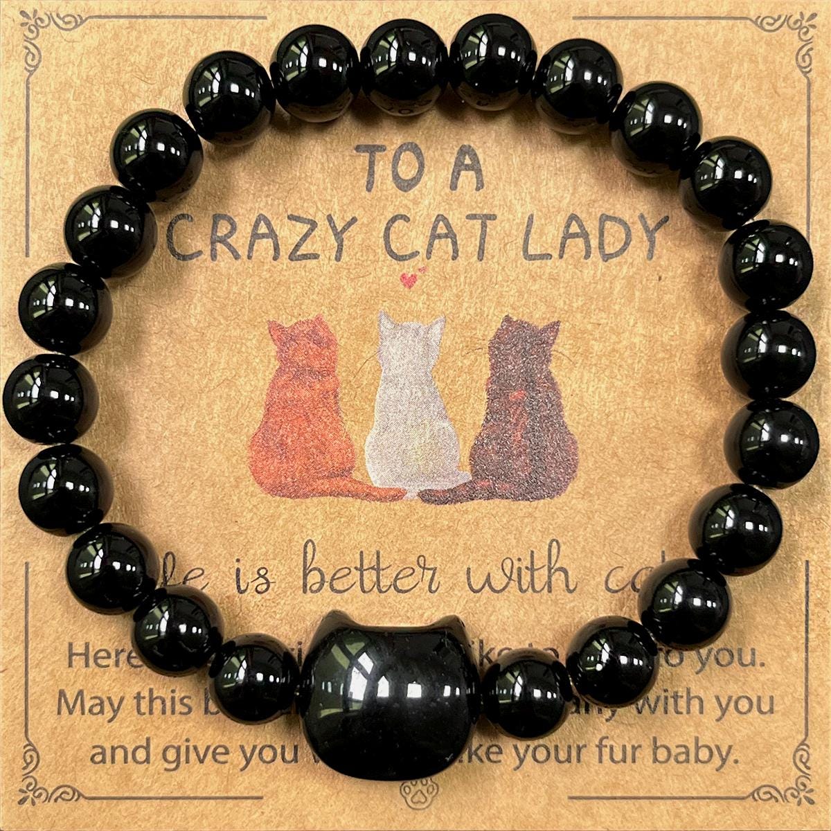 Dainty Obsidian White Jade Cat Bracelet, Natural Crystal Stone Beaded Obsidian Lucky Cat Charm, 8mm