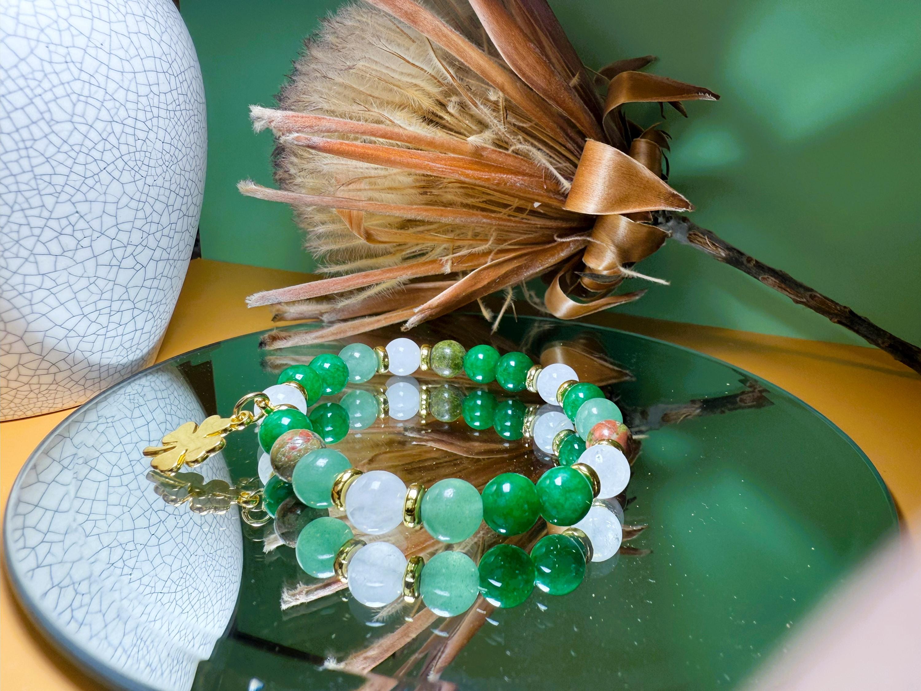 Prosperity Bracelet Green Aventurine Healing Chrysocolla, Moonstone Four Leaf Clover, 8mm Beaded Bracelet.