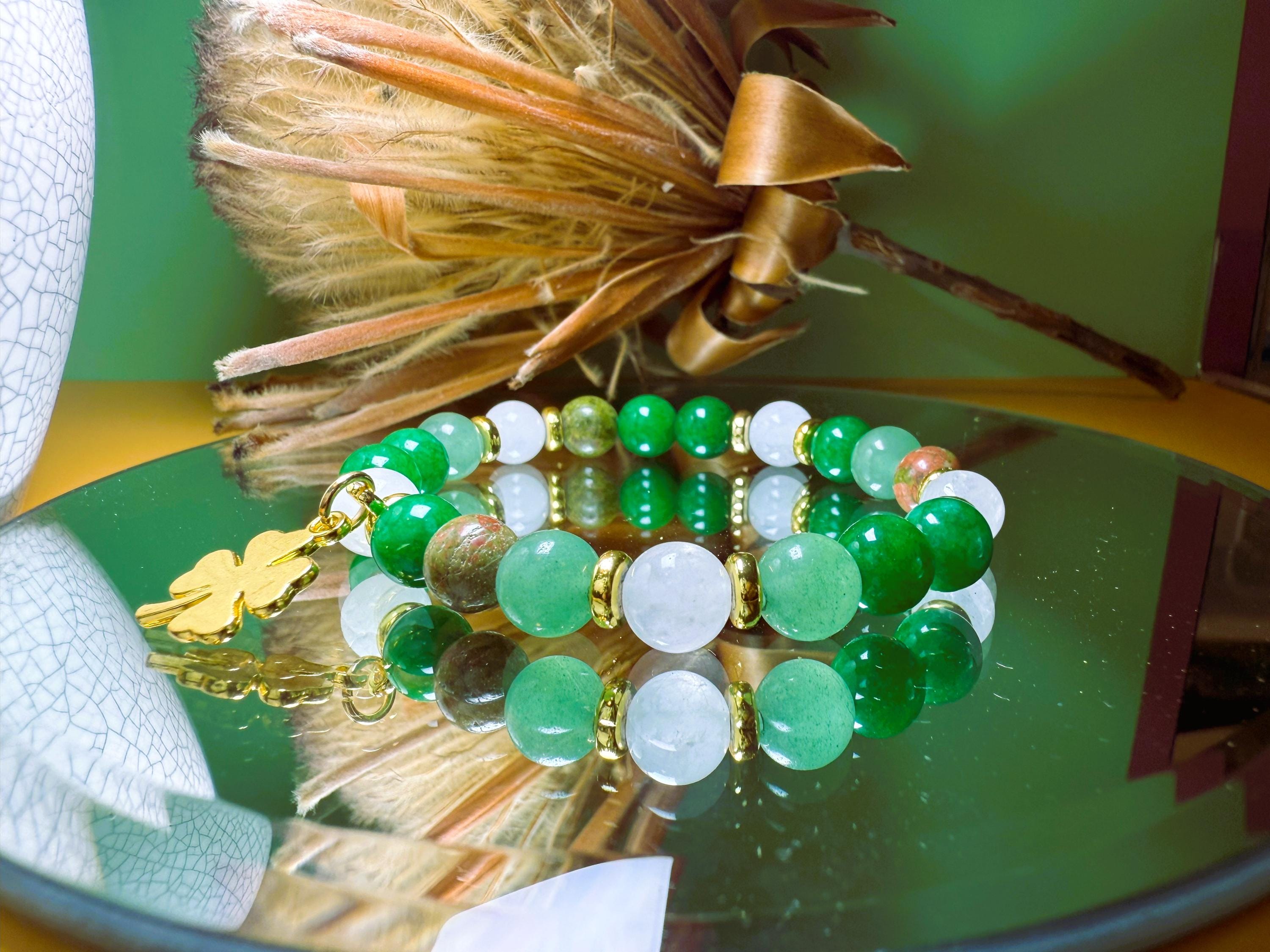 Prosperity Bracelet Green Aventurine Healing Chrysocolla, Moonstone Four Leaf Clover, 8mm Beaded Bracelet.