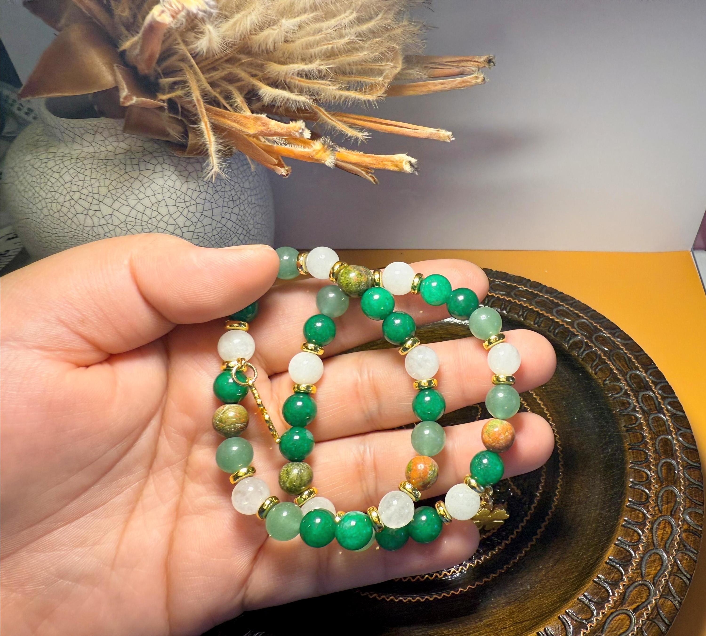 Prosperity Bracelet Green Aventurine Healing Chrysocolla, Moonstone Four Leaf Clover, 8mm Beaded Bracelet.