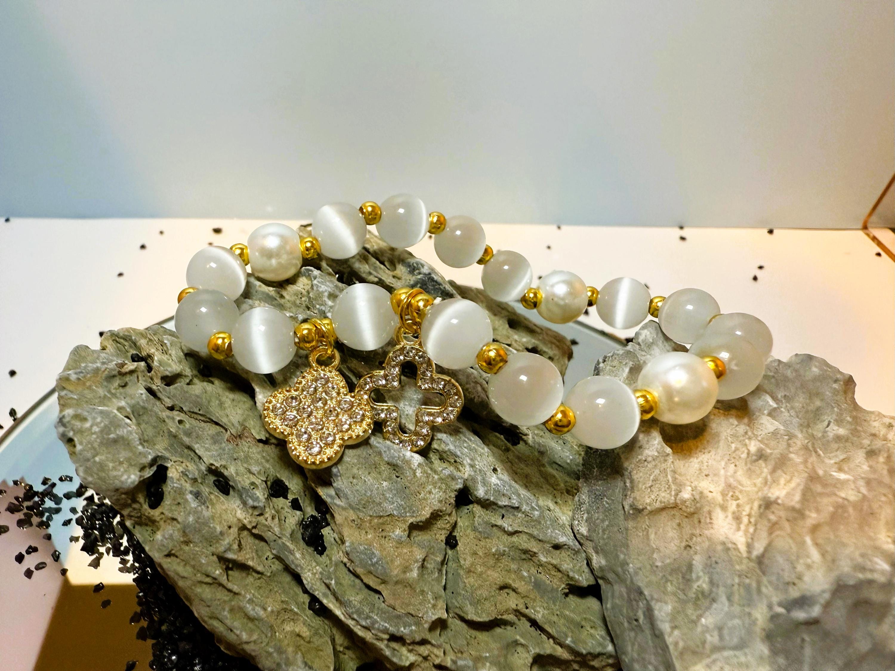 Cat's Eye Stone Four Leaf Clover Charm Bracelet, Natural Stone Crystal Bracelet