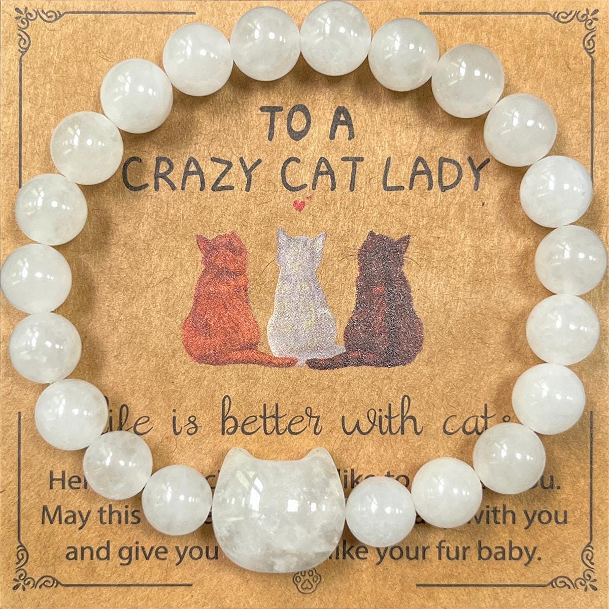Dainty Obsidian White Jade Cat Bracelet, Natural Crystal Stone Beaded Obsidian Lucky Cat Charm, 8mm