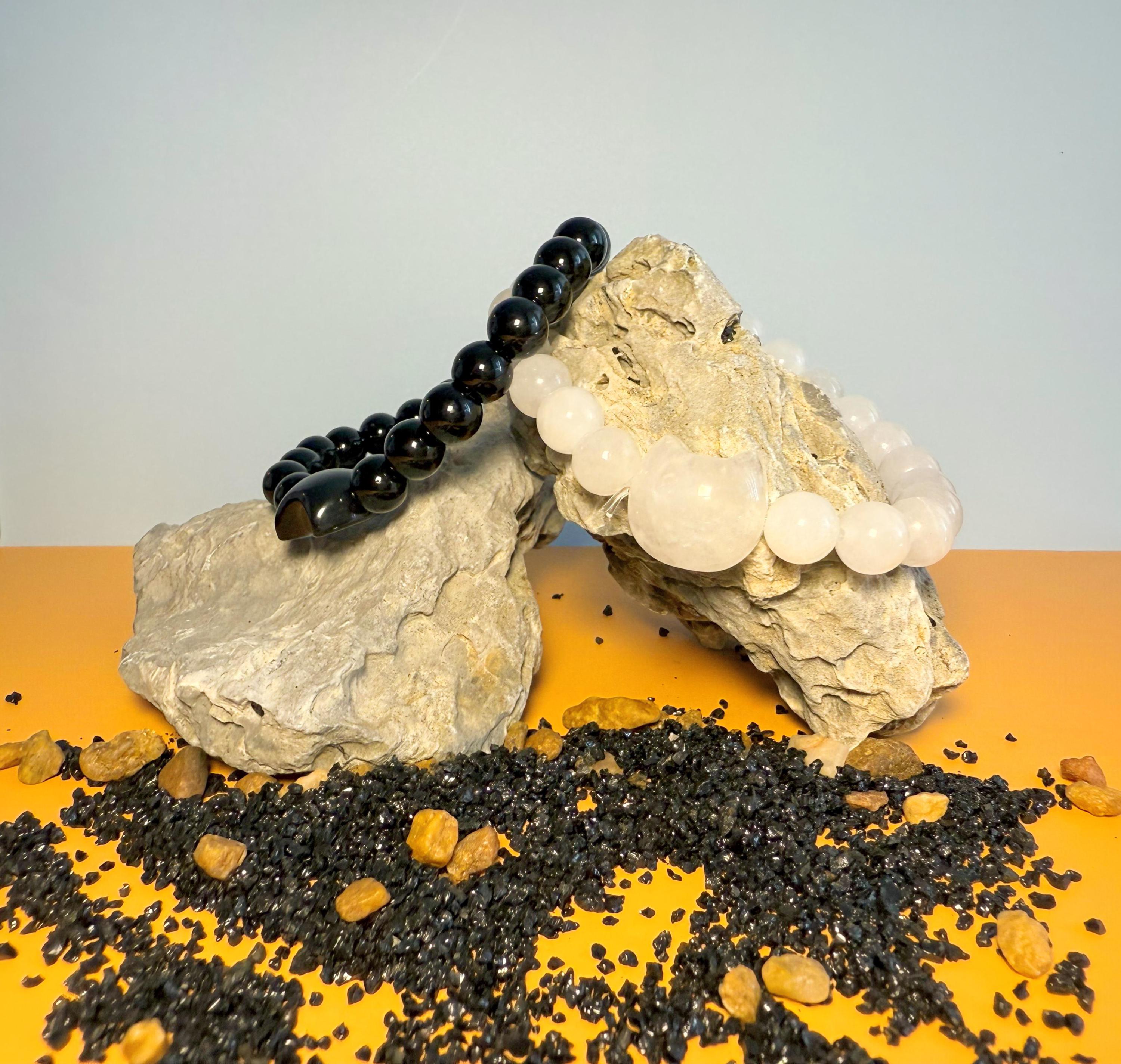 Dainty Obsidian White Jade Cat Bracelet, Natural Crystal Stone Beaded Obsidian Lucky Cat Charm, 8mm