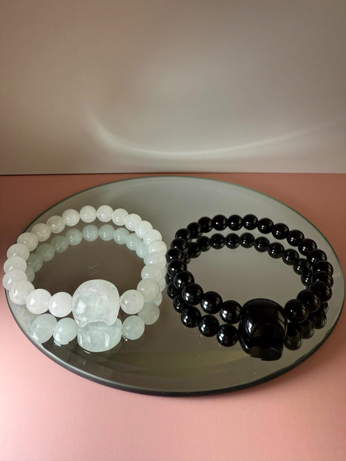 Dainty Obsidian White Jade Cat Bracelet, Natural Crystal Stone Beaded Obsidian Lucky Cat Charm, 8mm