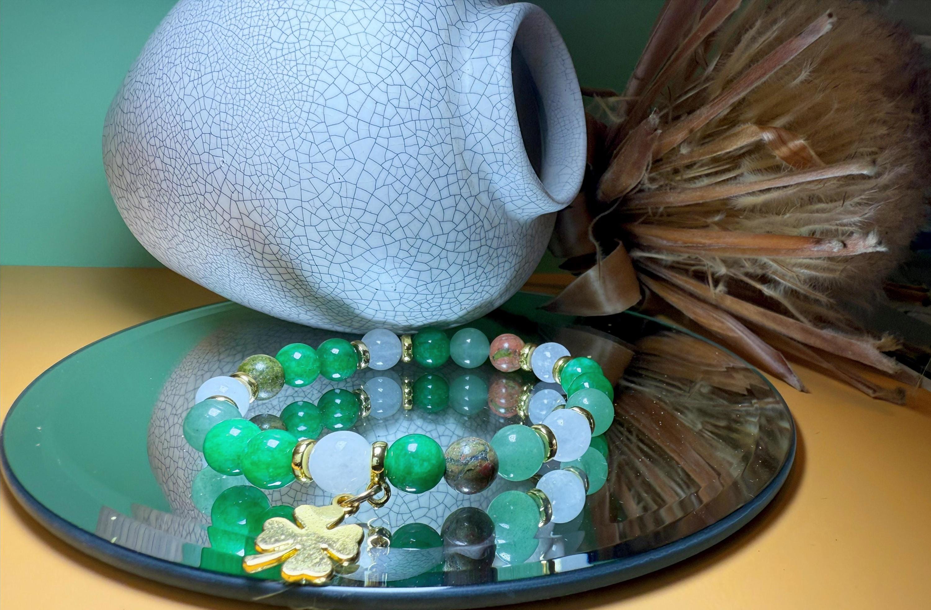 Prosperity Bracelet Green Aventurine Healing Chrysocolla, Moonstone Four Leaf Clover, 8mm Beaded Bracelet.