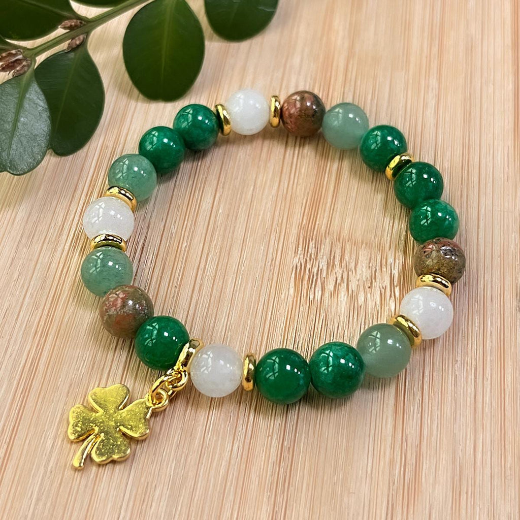 Prosperity Bracelet Green Aventurine Healing Chrysocolla, Moonstone Four Leaf Clover, 8mm Beaded Bracelet.