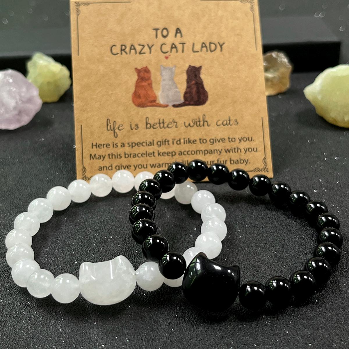 Dainty Obsidian White Jade Cat Bracelet, Natural Crystal Stone Beaded Obsidian Lucky Cat Charm, 8mm