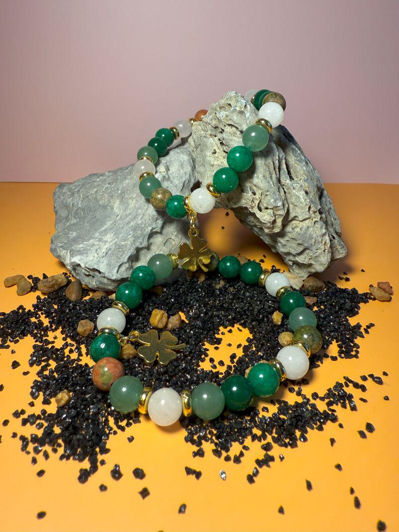 Prosperity Bracelet Green Aventurine Healing Chrysocolla, Moonstone Four Leaf Clover, 8mm Beaded Bracelet.