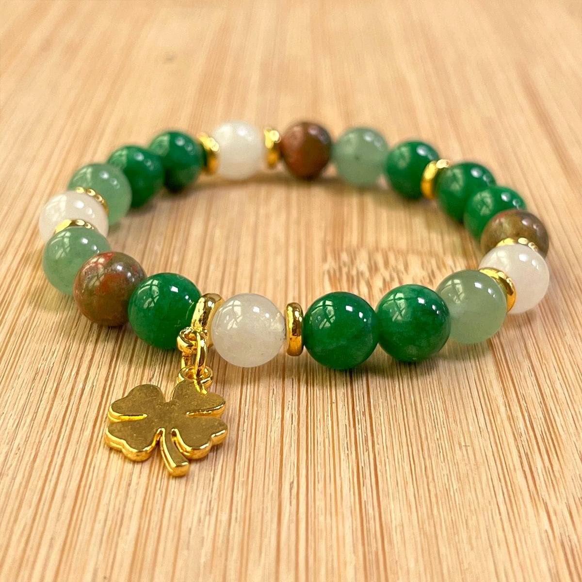 Prosperity Bracelet Green Aventurine Healing Chrysocolla, Moonstone Four Leaf Clover, 8mm Beaded Bracelet.