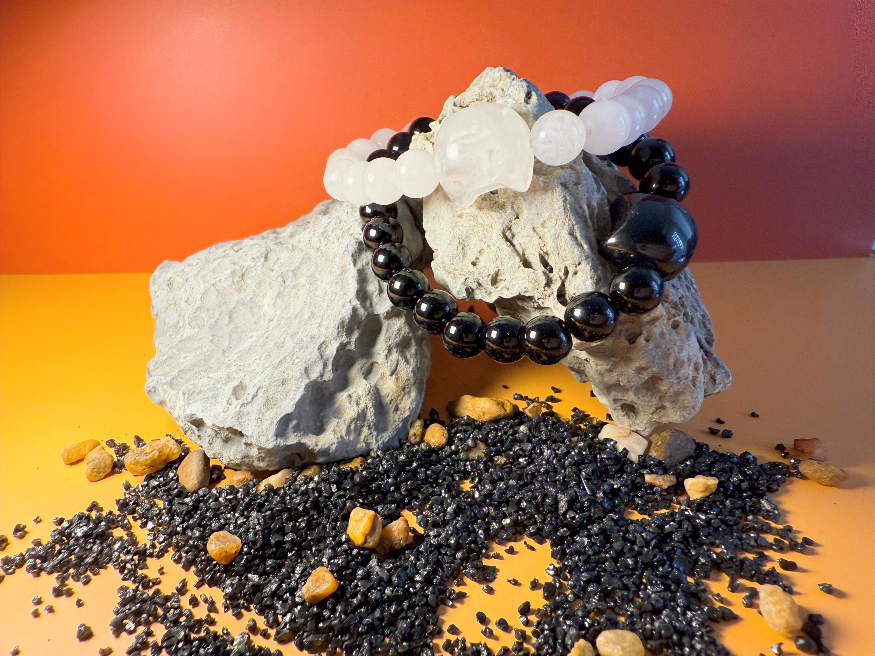 Dainty Obsidian White Jade Cat Bracelet, Natural Crystal Stone Beaded Obsidian Lucky Cat Charm, 8mm